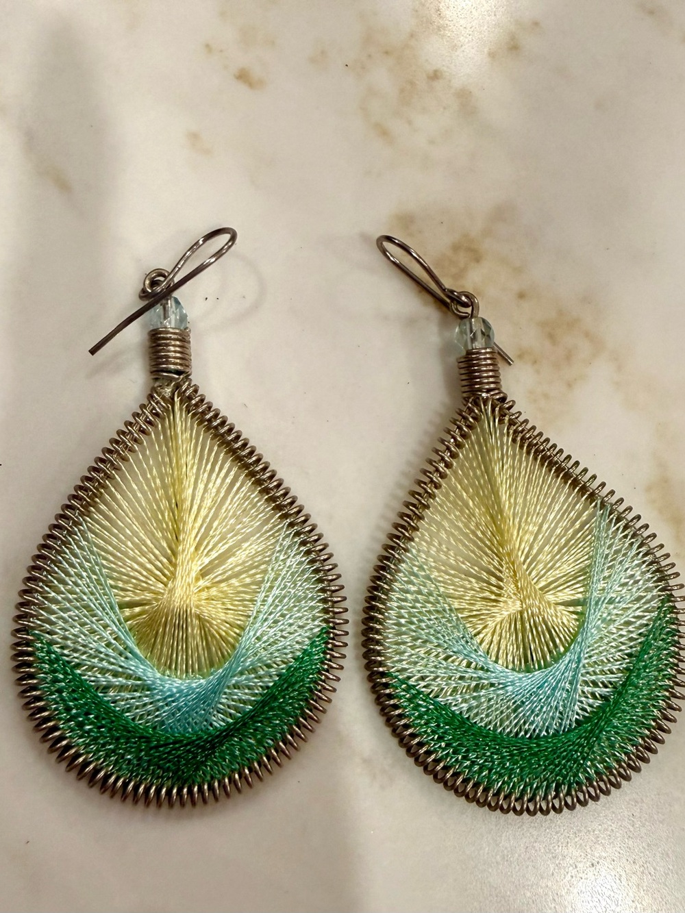 Handcrafted Yellow, Light Blue & Green Thread Teardrop Earrings - Women Jewelry